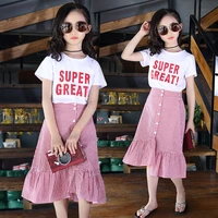 2022 new summer clothes kids girls fashion outfit children cotton letter t shirt split plaid skirts 5 6 7 8 9 10 11 12 13 year