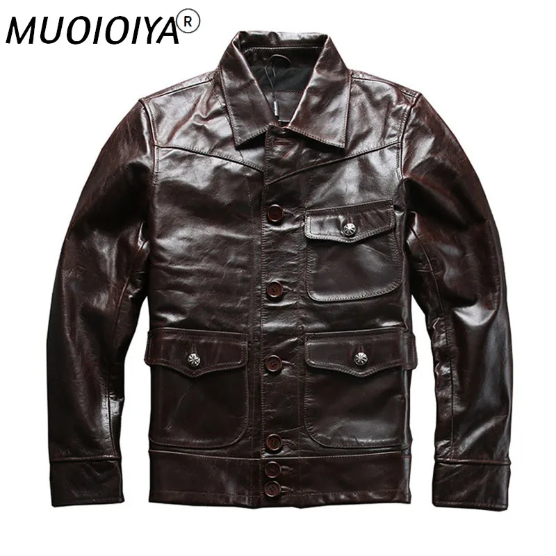 

Мужская куртка из натуральной кожи, коричневая Повседневная куртка с несколькими карманами