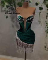 green velvet short prom dresses 2022 for black girls sexy tassel diamond birthday party dress beaded mini cocktail homecoming