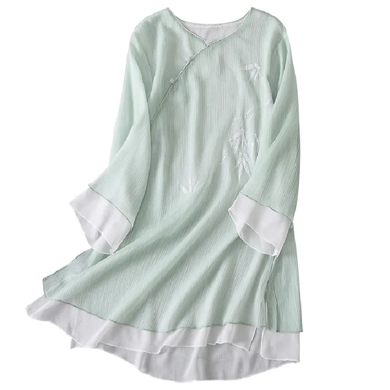 

One Piece Dropshipping Chinese Style Silk Zou Agate Buckle Solid Color Top Half Sleeve Chinese round Neck Light Green Zen