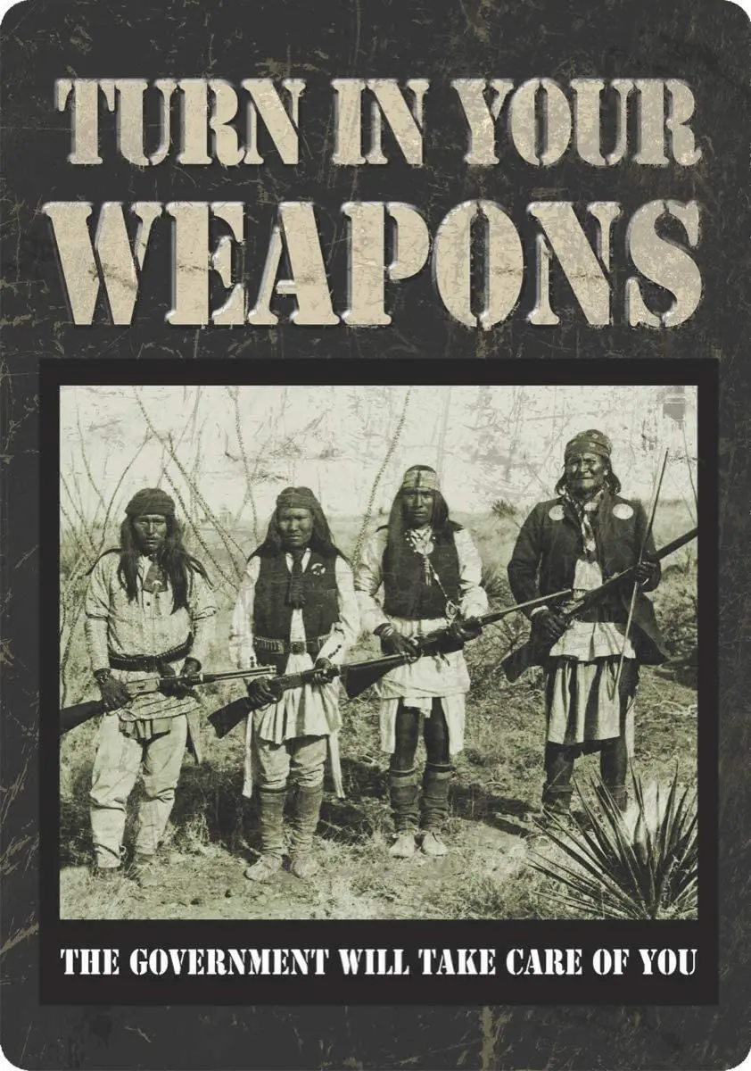 

heather trujillo Decorative Signs Turn in Your Weapons Plaques Tin Sign 8x12