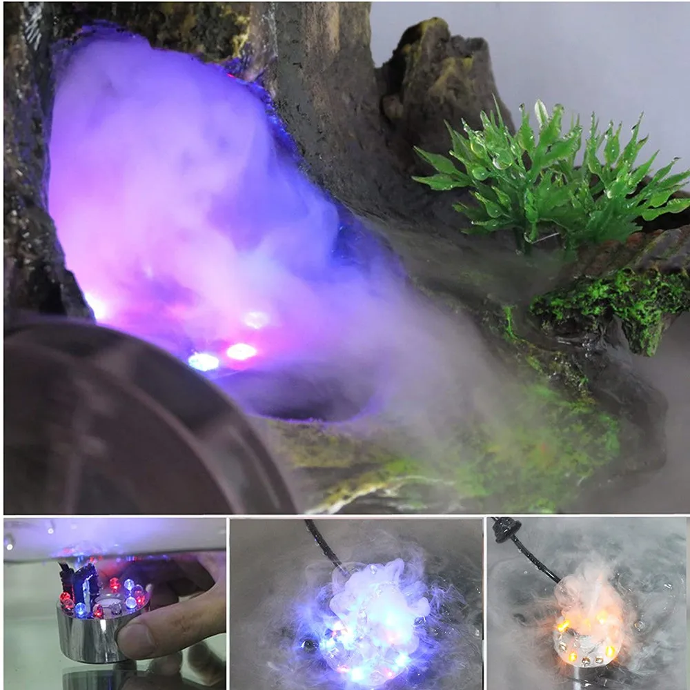 

Aluminum Mini Mist Maker Fogger With 12 LED Lights Water Pond Garden Fountain Fogger Smoke Machine Atomizer Air Humidifier
