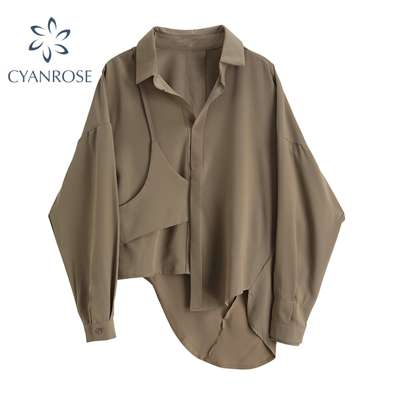 

Korean Irregular Patchwork Shirt For Women 2020 Autumn Long Sleeve Loose Casual Fit Shirt Fashion Split Big Size Blouse Female