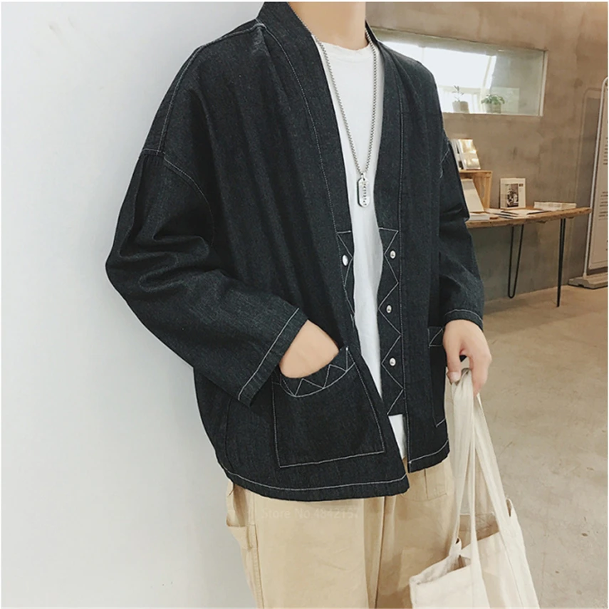 

New Fashion Japanese Style Kmono Jacket for Men Traditional Clothing Asian Retro Cowboy Denim Vintage Cardigan Streetwear Haori