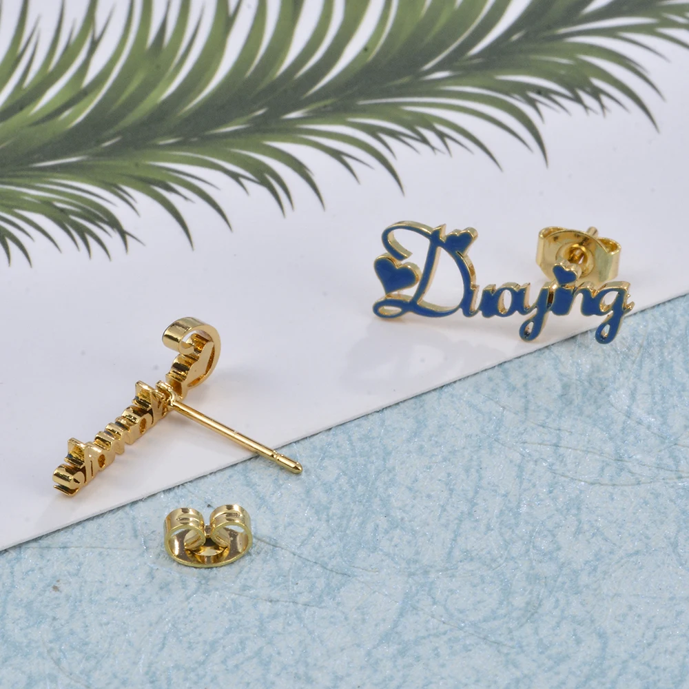 Hiyong Custom Enamel Name Earrings Women Name Necklace Personalized Custom Earrings Hip Hop Bamboo Hoop Earrings Mother's Gifts
