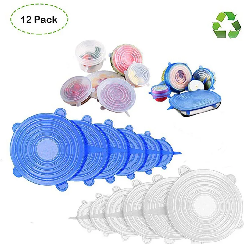 Многоразовые силиконовые растягивающиеся крышки упаковка из 12 крышек различные