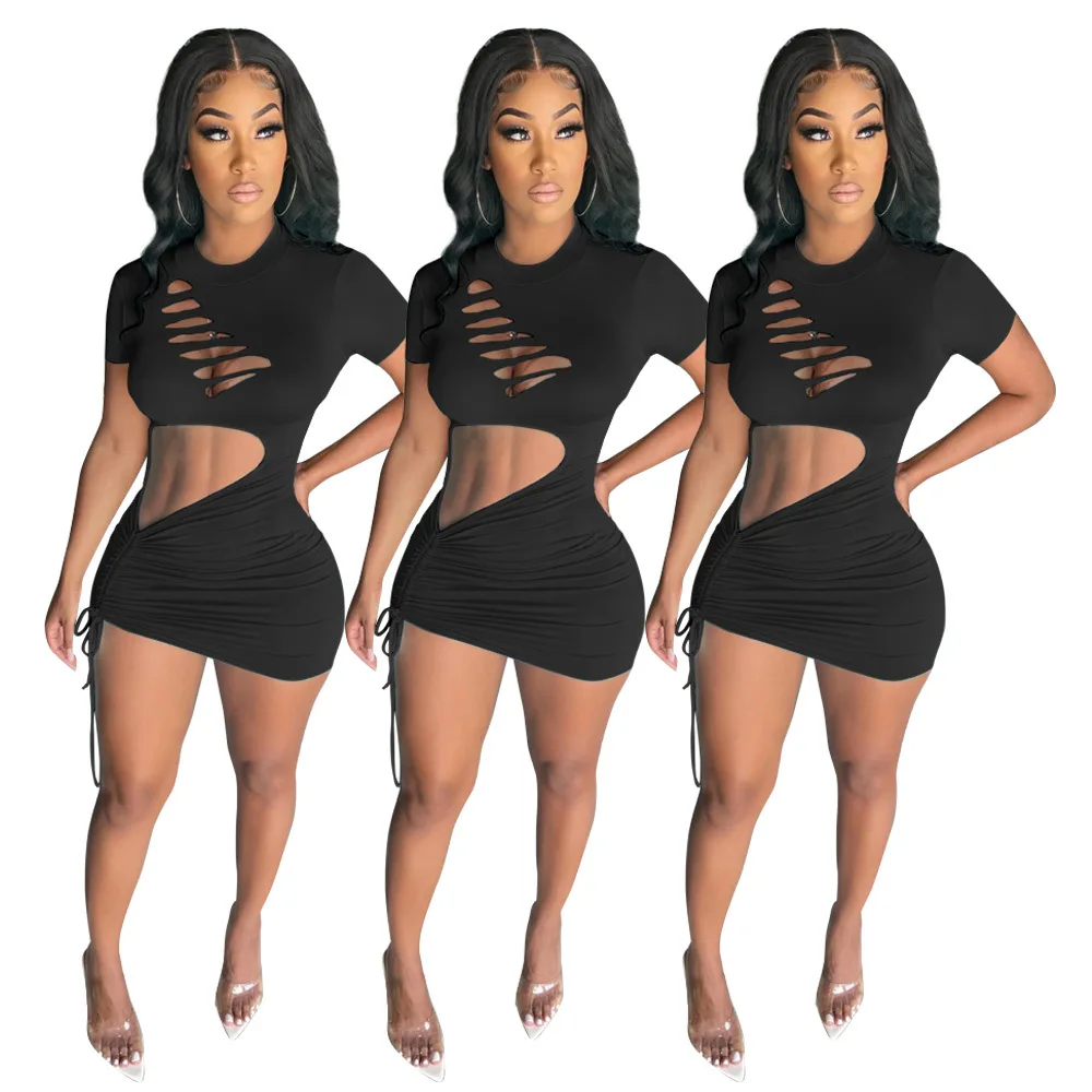 

Summer Sexy Hollow Out Women Short Dress with Draw string New Black Party Mini Dress with Crew Neck Short Sleeves Holes Style