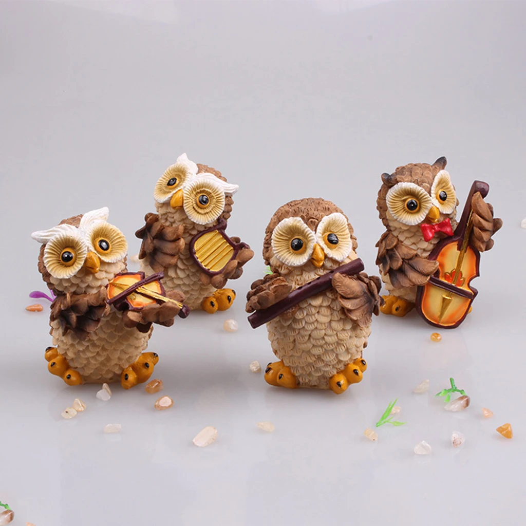 

4Pcs Owl Statue Fairy Garden Animal Sculpture Kit Dollhouse Ornament Decor