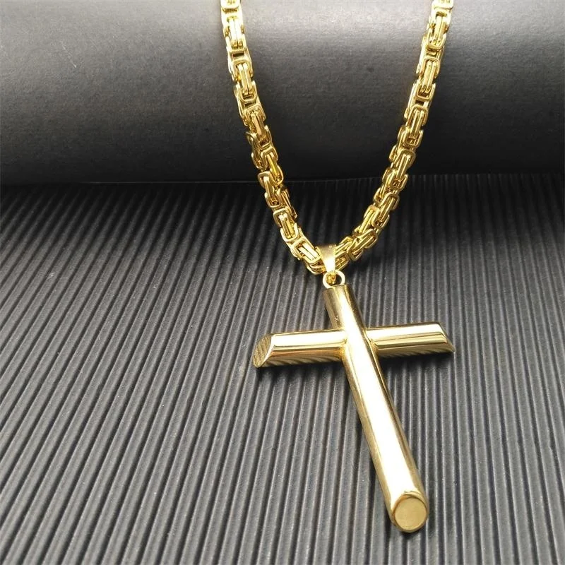 

Cross Pendant Necklace Mens Boys Stainless Steel Gold Byzantine Chain 20 22 24 26 28 30inch;5mm band chain