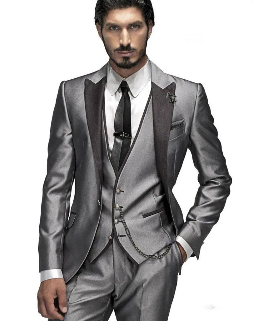 

2021Custom Made Tuxedo Silver Peaked Lapel Wedding Terno Masculino Jacket+Pant+Vest+Tie Jacket Men Suit3Pieces Hot Selling Brand