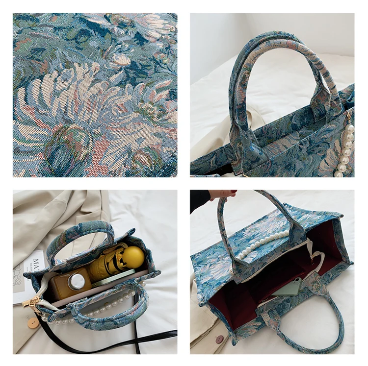 

Flower Ink PrintingTotes Bag Women Shoulder Canvas Handbag Sling Bags With Pearl Crossbody Travel Bag Large Capital Shopping Bag