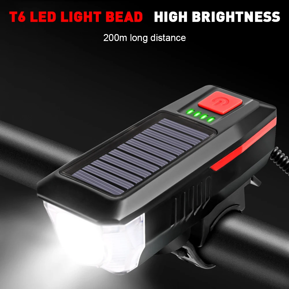

Smart USB Solar Bike Headlight 120dB Horn Rechargeable T6 LED 3 Lighting Modes Waterproof Digital Display Bicycle Lights