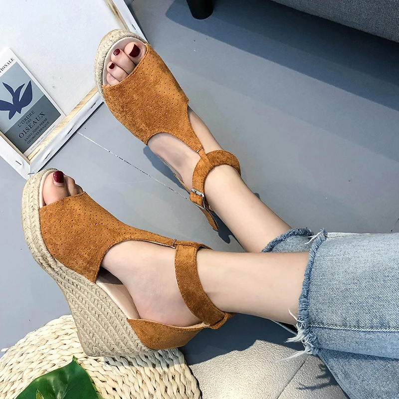 

Women Flock Wedges Rome Sandals Fish Mouth Buckle Strap Sandals for Women Summer Open Toe Platform Sandals Summer Shoes Women