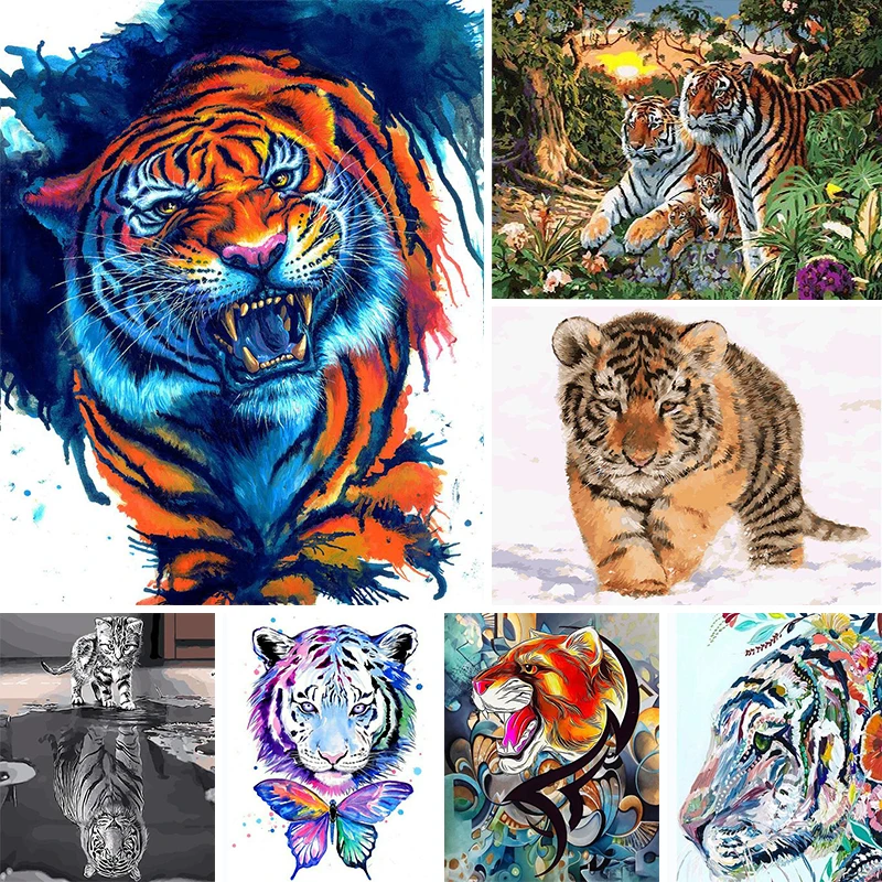 

AMTMBS Tiger Animals DIY Painting By Numbers Adults For Handmade On Canvas Oil Coloring By Numbers Wall Art Number Decor