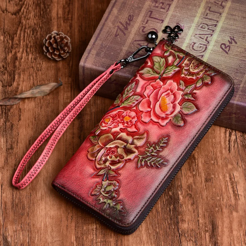 

OYIXINGER Women's Vintage Wallet Genuine Leather Floral Clutch For Female Retro Embossed Purse Ladies New Multiple Cards Holder