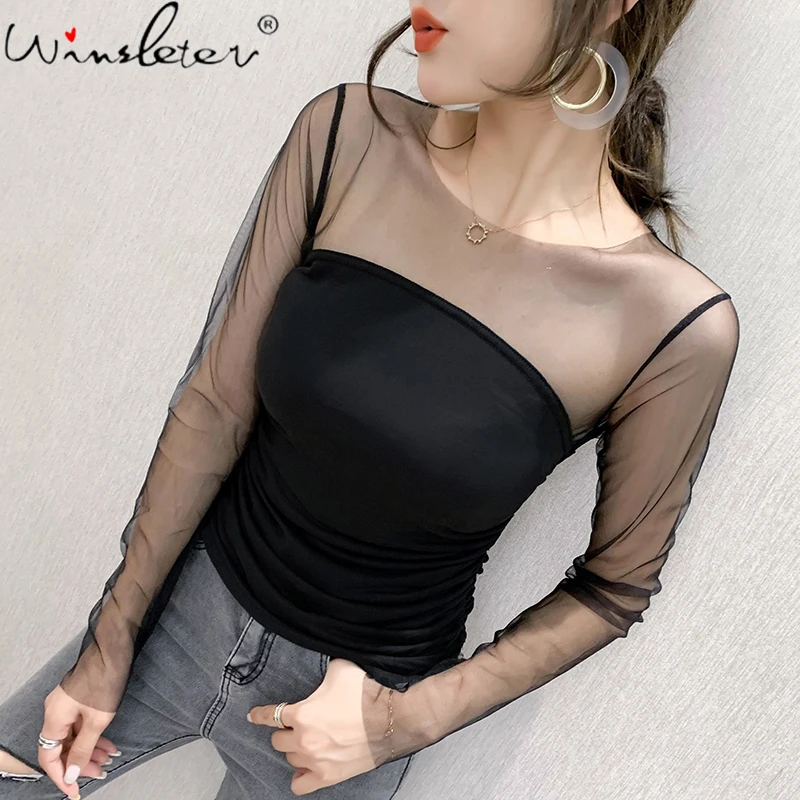 

Spring Fall European Style T-Shirt Mesh Patchwork Drape Women Tops Long Sleeve Sexy Back Bottoming Shirt All Match Tees T18411A