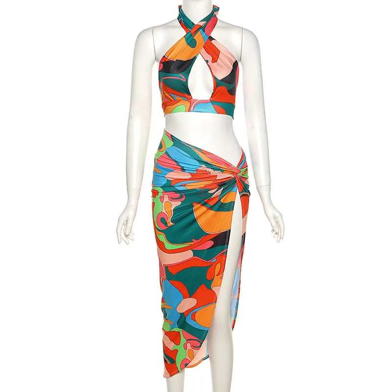 

2021 Sexy Print Tracksuit Woman Two Piece Sets Holiday Halter Bandage Tanks And Skirts Matching Sets Female Boho Outfit Suits