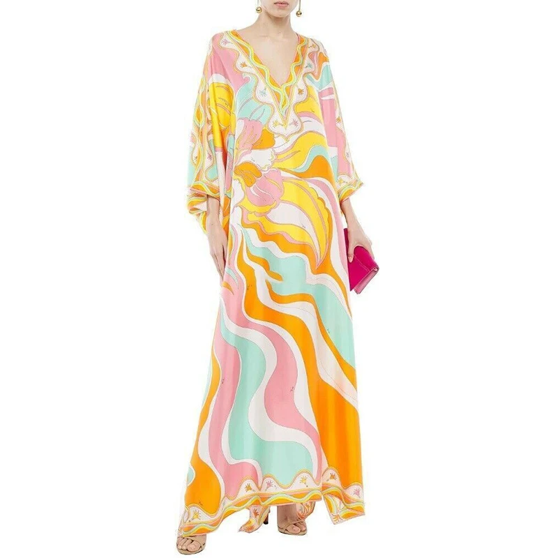 

SONDR With Tags Bohemian Long Sleeve Dress For Women Orange Print V Collar Silky Floor Long Plus Size Dresses 2021 Summer