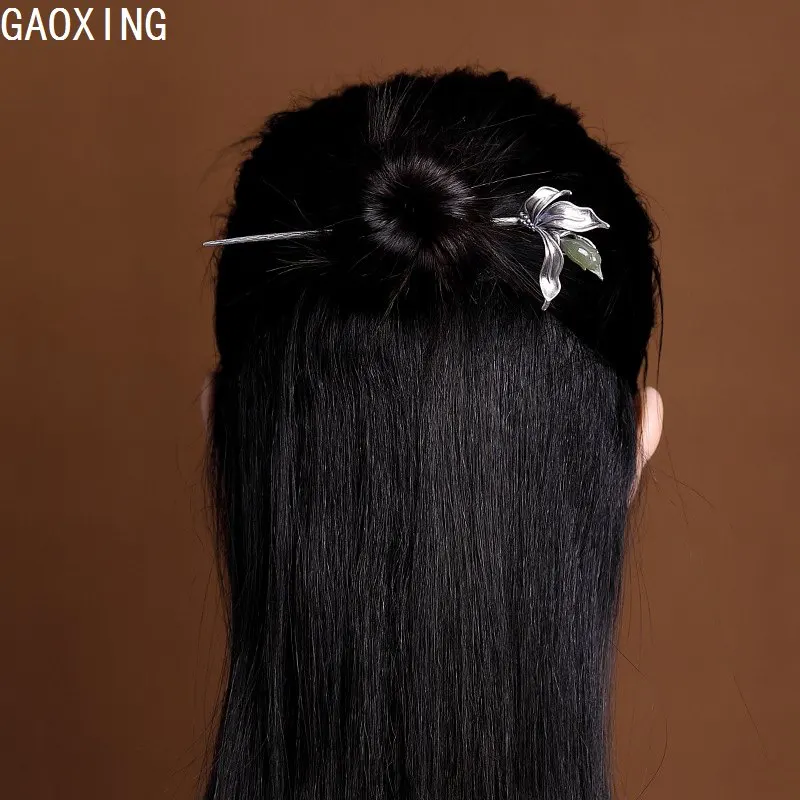 

Палочки для волос женские из серебра для китайской одежды хан пробы, с нефритовым цветком