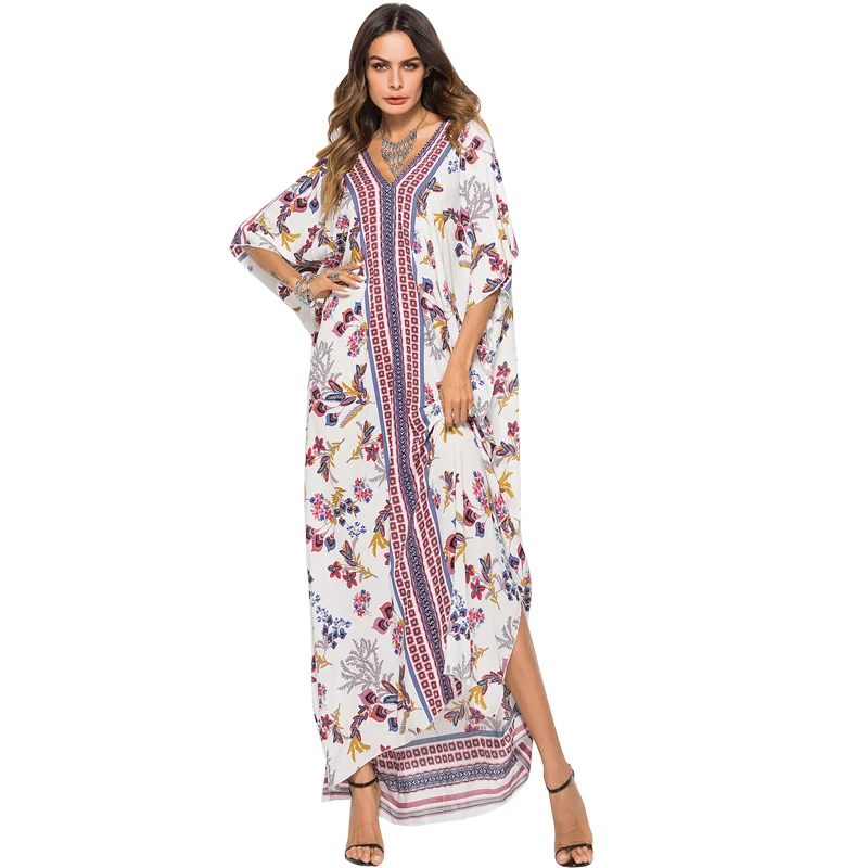 

2020 New Women Print Summer Beach Long Dresses V-Neck fashion Bat Sleeve Bohemian Loose Maxi Dress Female Casual Dress