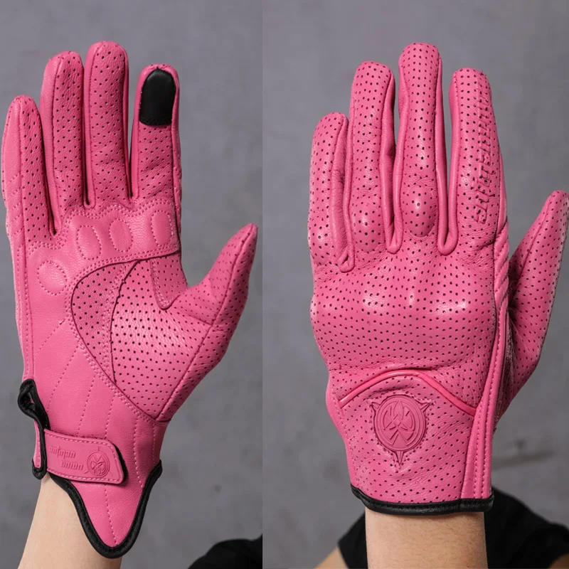 Женские мотоциклетные перчатки для сенсорного экрана розовые кожаные езды на