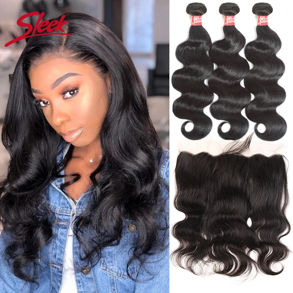 Sleek Brazilian Body Wave Bundles With Lace Frontal 3 Bundles Human Hair With Frontal Free Ship Natural Color Remy Hair
