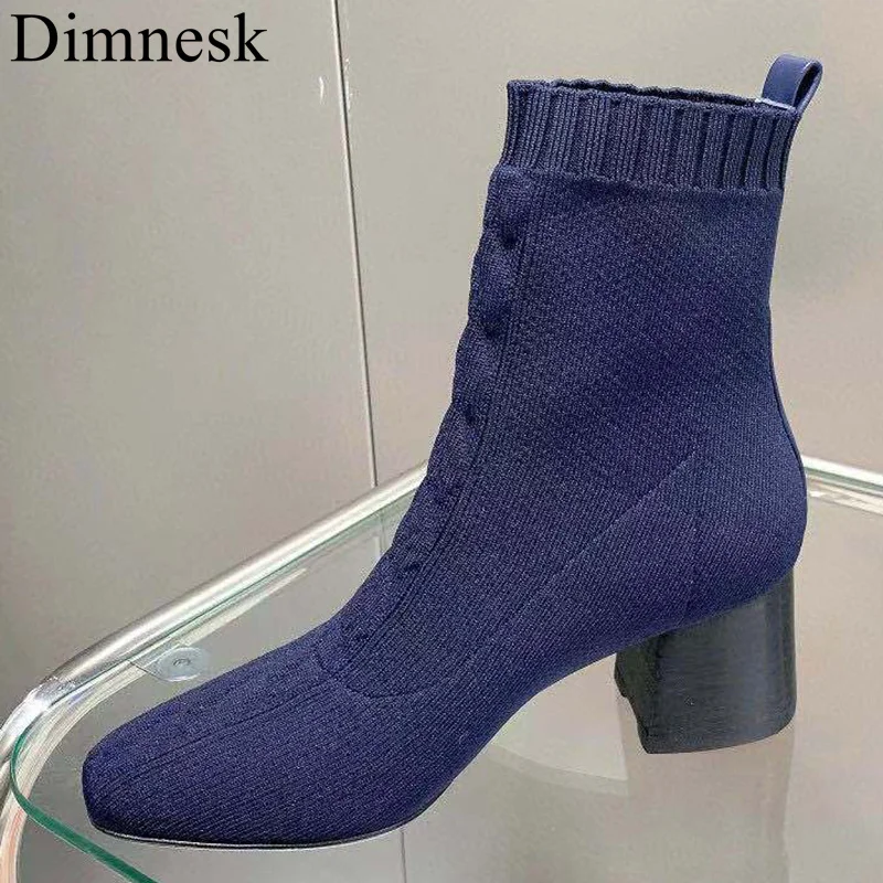 

2021 Chunky High Heel Knitted Sock Boots Women Round Toe Stretch Slip On Ankle Botas Runway Autumn Shoes Short Boots Female