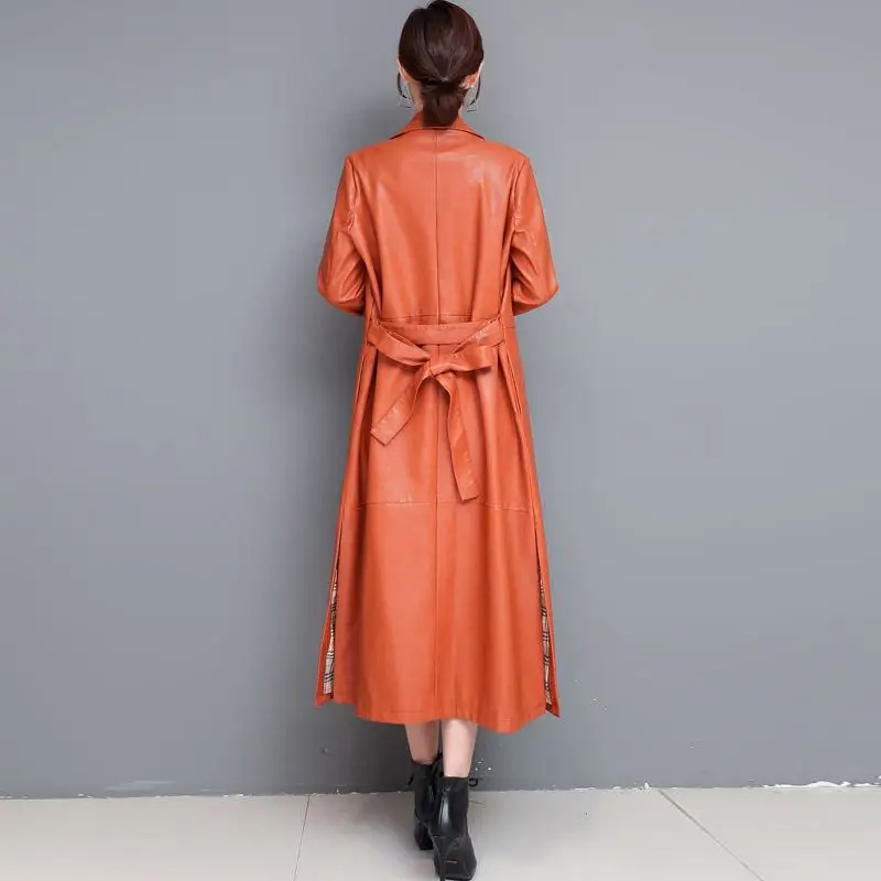

New 2019 Autumn Winter Women Lapel Faux PU Leather Long Jacket Female Loose Casual Belt PU Leather Windbreaker Slim Outwear T89
