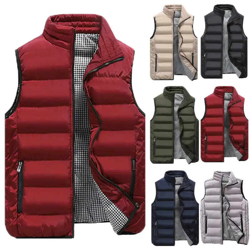 Men's Winter Solid Color Down Jacket Vest Body Warmer Warm Sleeveless Stand Collar Zipper Coat Black Red Khaki | Мужская одежда