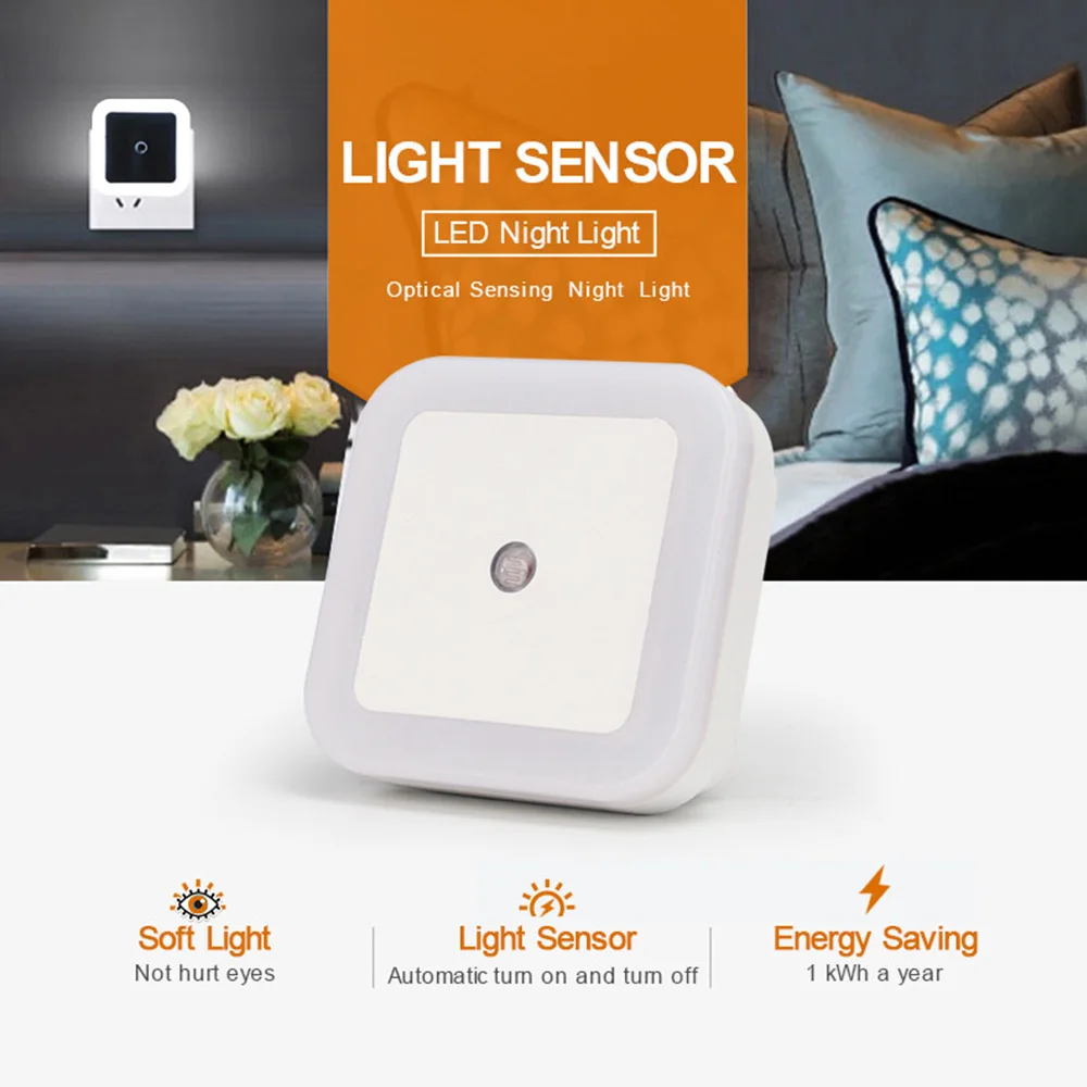 

2pcs LED Night Lights Sensor Control Night Lamp Energy Saving LED Sensor Lamp Nightlight for Children Kids Bedroom EU US Plug