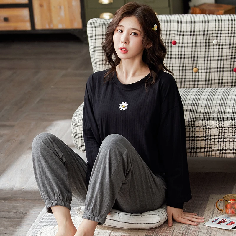 Пижама женская хлопковая с длинным рукавом и принтом маргариток 2 шт. | Женская