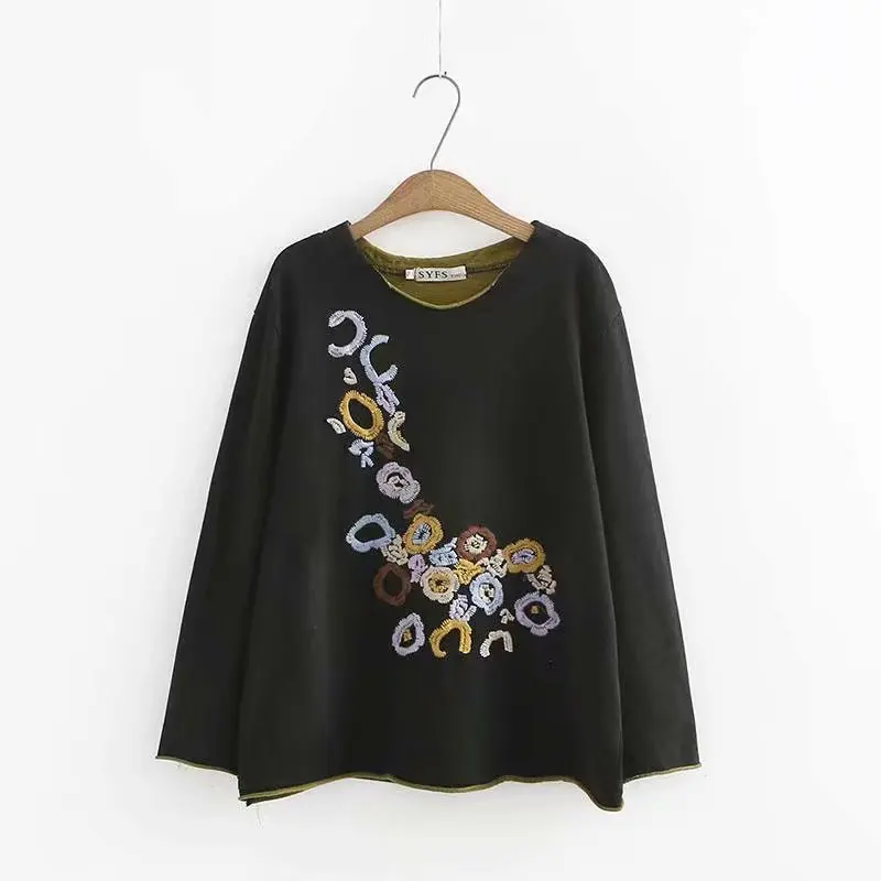 Женский хлопковый костюм с цветочной вышивкой повседневный черный топ круглым