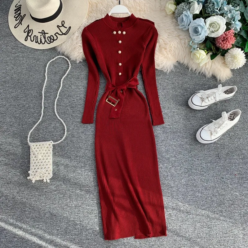 Зимнее винтажное женское платье с высоким воротником 2019 модное Бандажное