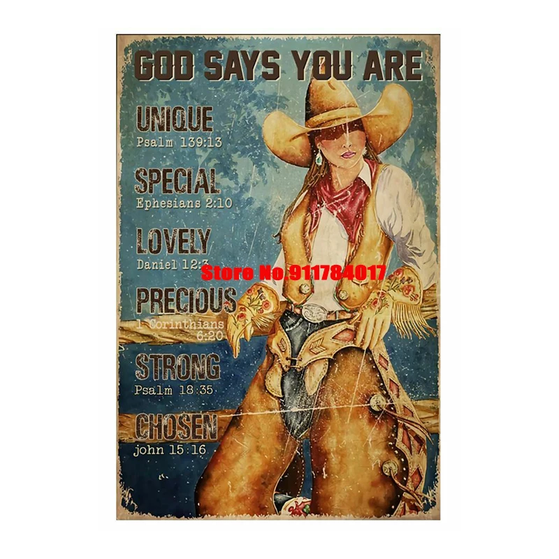 

Cowgirl Poster God Says You Are Special and Chosen Iron Painting Tin Sign Wall Decor Metal Poster Tin Sign Iron Plate