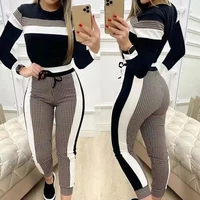 new ladies casual fashion trousers 2021 autumn and winter plaid color matching printing tight fitting long sleeved suit