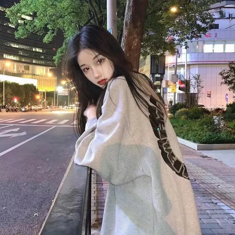 

Gray hooded sweater women autumn Round shape letter print long-sleeved vintage clothes punk harajuku pullover Sweatshirt bar y2k