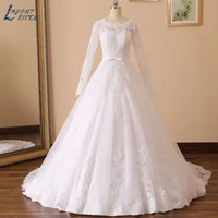 ball gown wedding dress long sleeves robe de mariee fashion charming lace o neck lace up wedding gown custom made