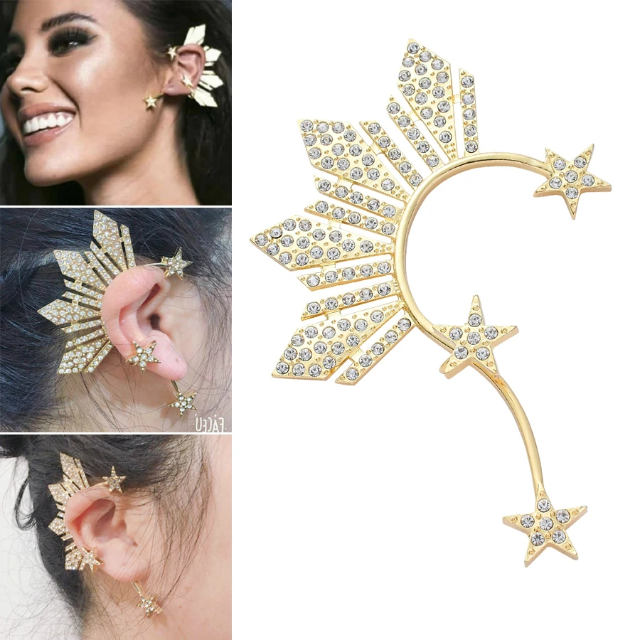 

1pcs Rhinestone Stars Cuff Clip On Earrings Without Piercing Women Gold Color Crystal Big Ear Cuff Fashion Jewelry Gift