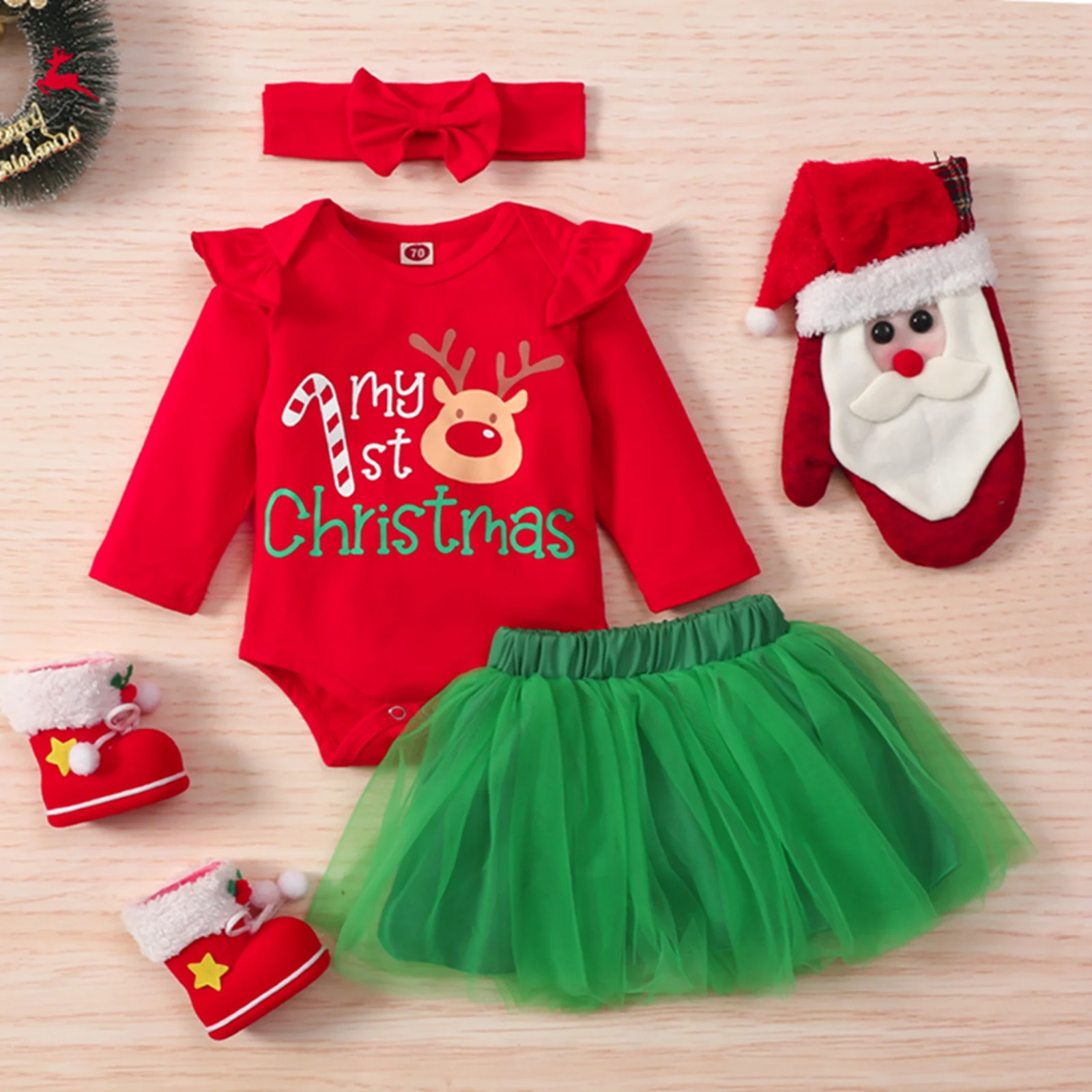 

Newborn Infant Baby Girls My 1st Christmas Clothes Set Letter Deer Print Romper Mesh Yarn Tutu Skirts Outfits Xmas Costume