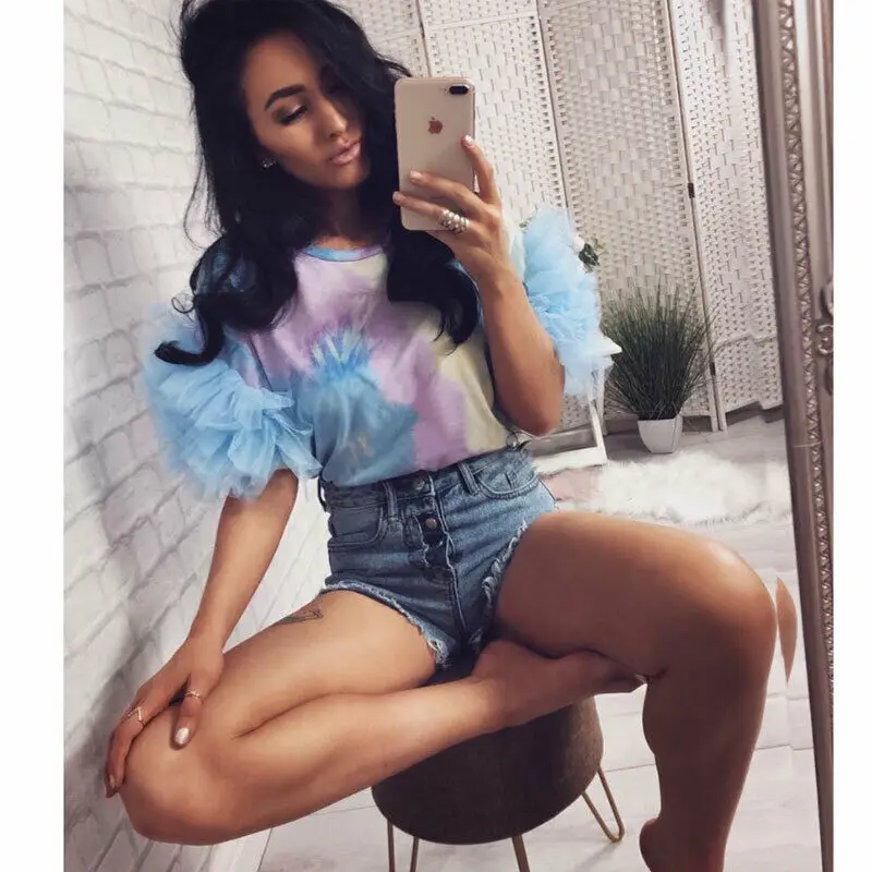 Женская летняя рубашка из тюля с рюшами и коротким рукавом женская Свободная