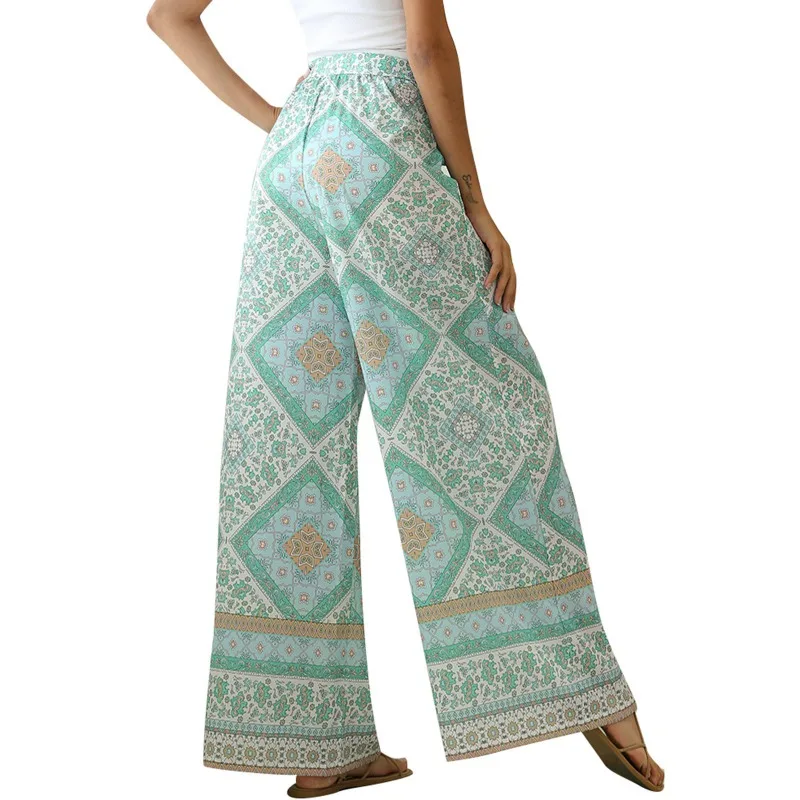 

Women's Trousers Summer Long Women Pants Casual Floral Print Loose Pants with belt Length Mid Waist Wide Leg Beach Pants