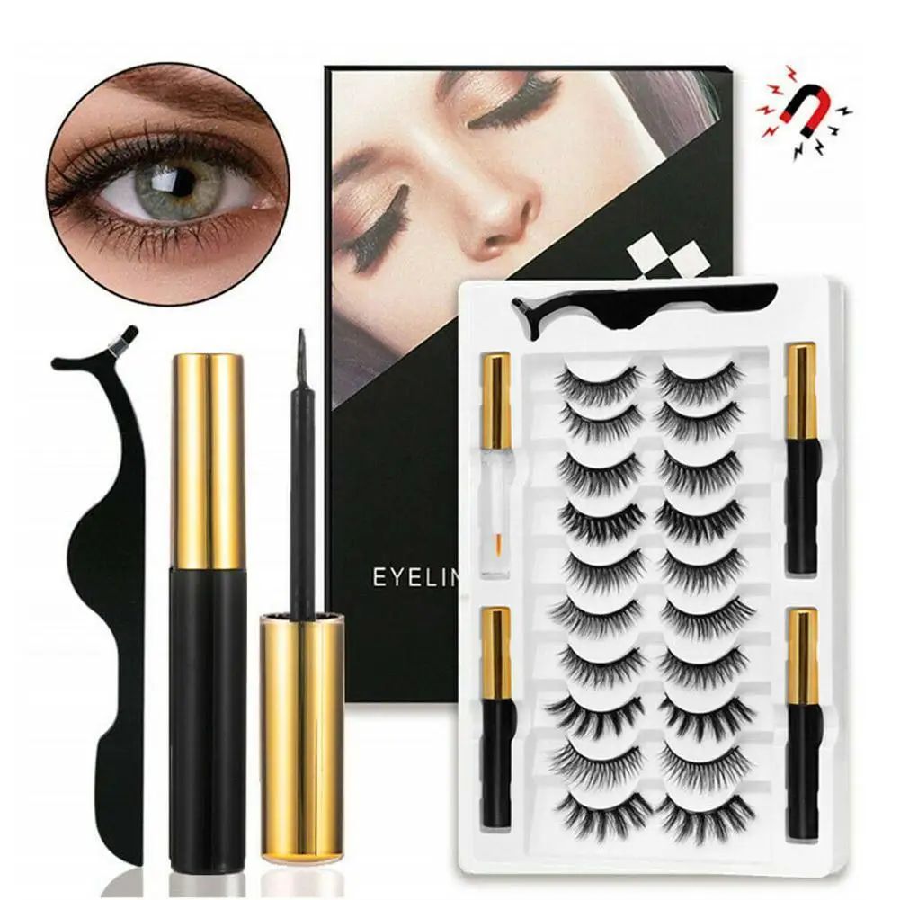 

10pairs Makeup Magnetic Lashes Natural 3D Mink False Eyelashes Magnet Extension Liquid Eyeliner &Tweezer Set Tool