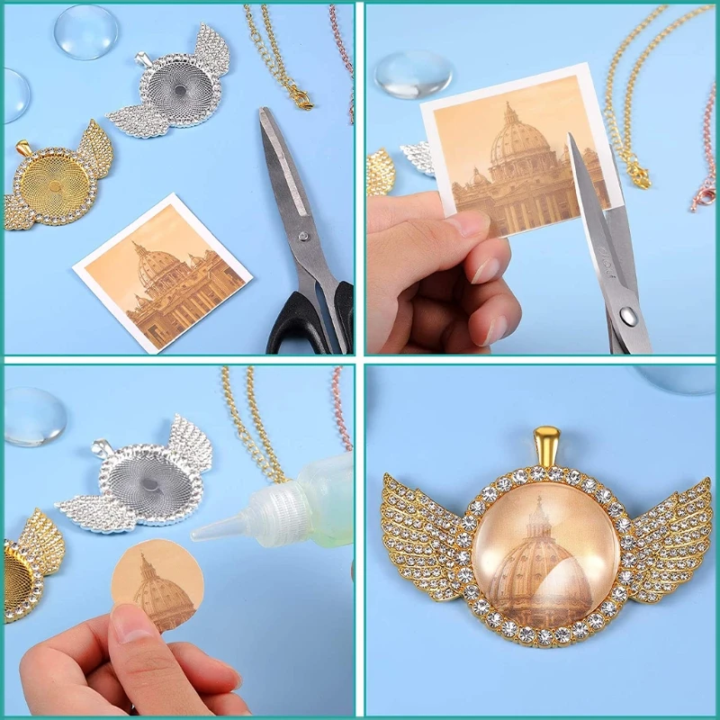 

27 Pieces Rhinestone Bezel Wing Pendant Kit DIY Wing Bezel Pendant Trays with Lobster Clasps Chains and Glass Cabochons