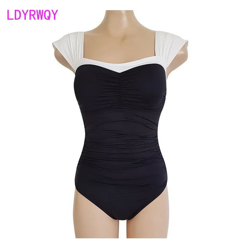 

LDYRWQY 2021 Korean version of one-piece stitching two-color gathered slim fashion sexy sling triangle halter bikini swimsuit