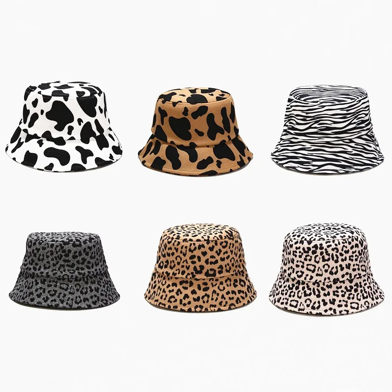 

Leopard printed bucket hat Winter women casual cotton fisherman cap Panama gorros female