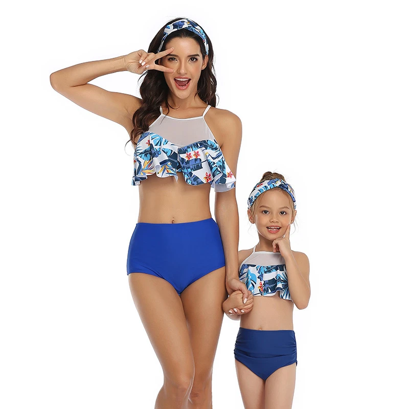 

2020 New Summer Family Matching Outfits Mommy And Me Swimsuit Mother And Daughter Swimwear Bikinis High Waist Beachwear Tankini