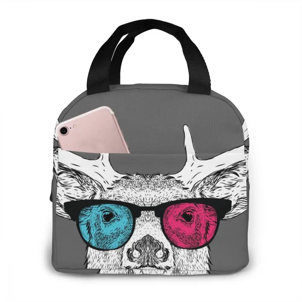 

Vintage Deer With Glasses Lunch Bag Portable Insulated Thermal Cooler Bento Lunch Box Tote Picnic Storage Bag Pouch