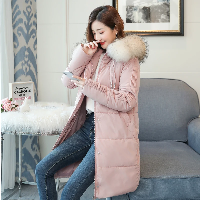 Женское длинное меховое пуховое пальто 2019 зимнее однотонное хлопковое с мехом