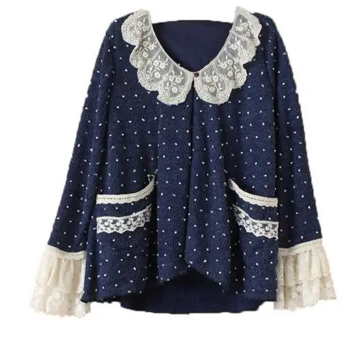 Кардиган женский оверсайз с кружевным воротником милая вязаная шерстяная куртка