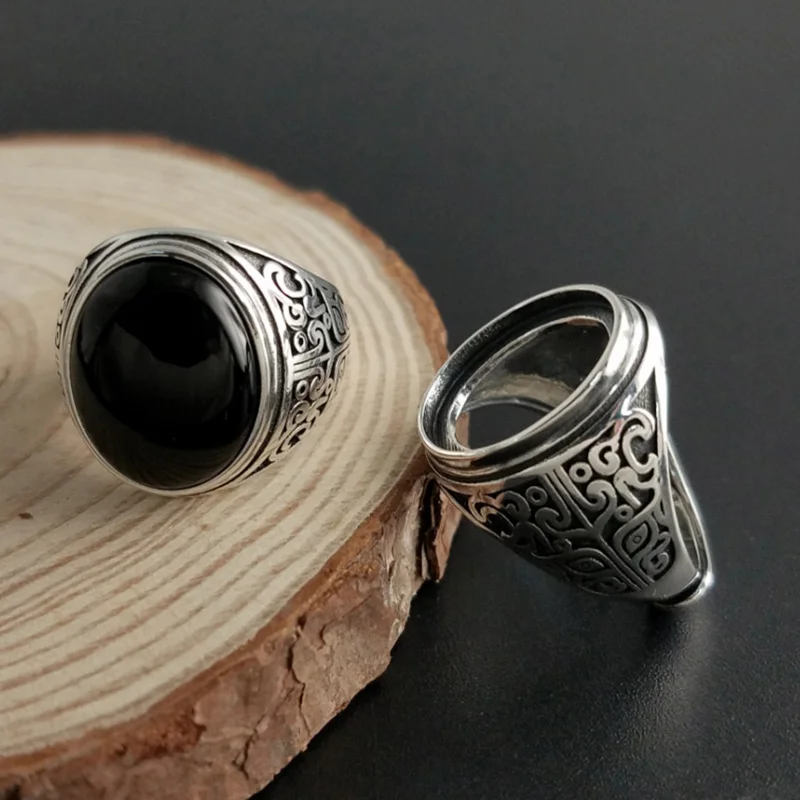 Настоящее чистое 925 пробы Серебряное черное кольцо с натуральный камень оникс